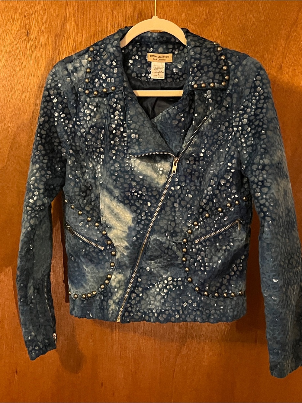 GORGEOUS Moon Collection Studded Blue Moto Leather Jacket size S